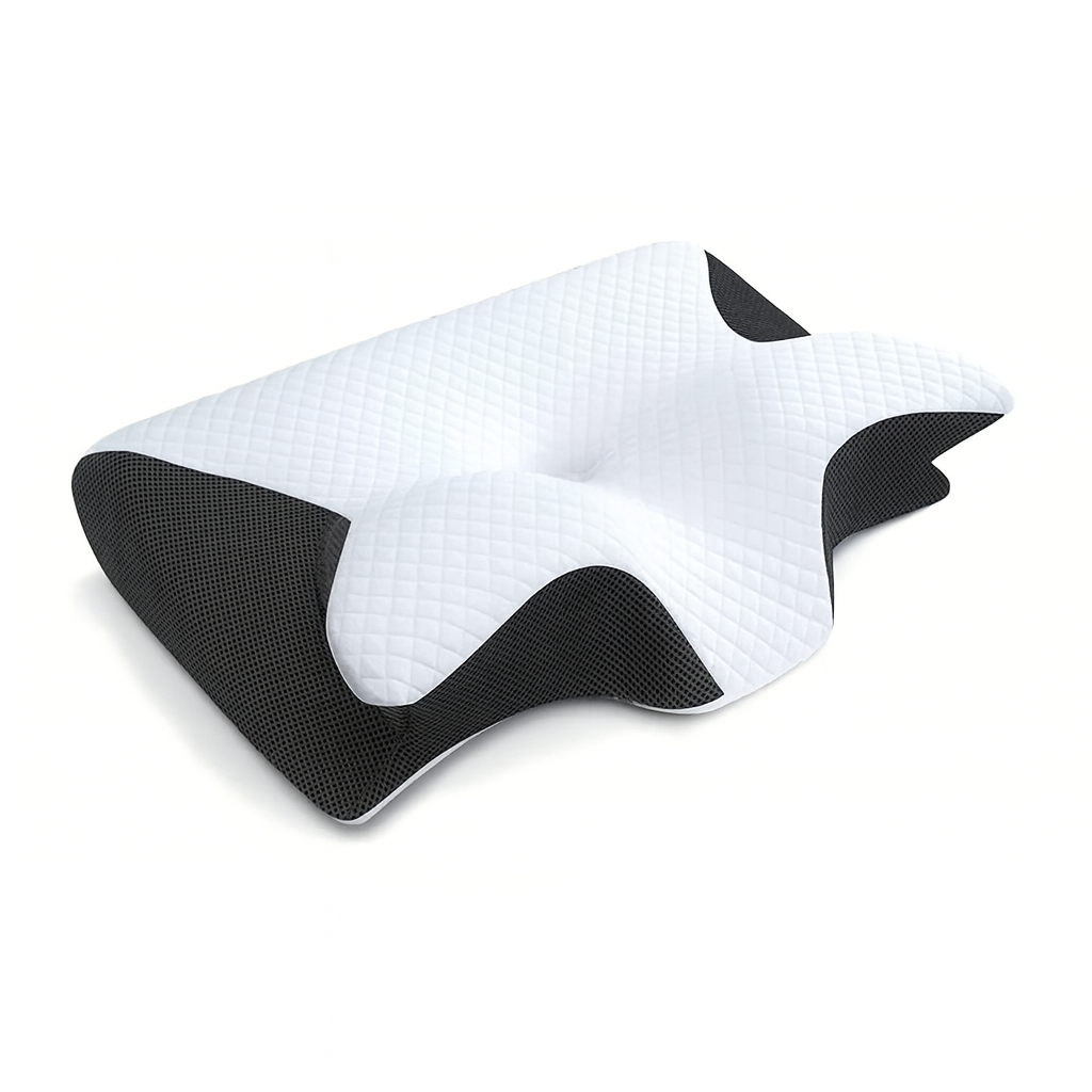 White and black pillow on a white background
