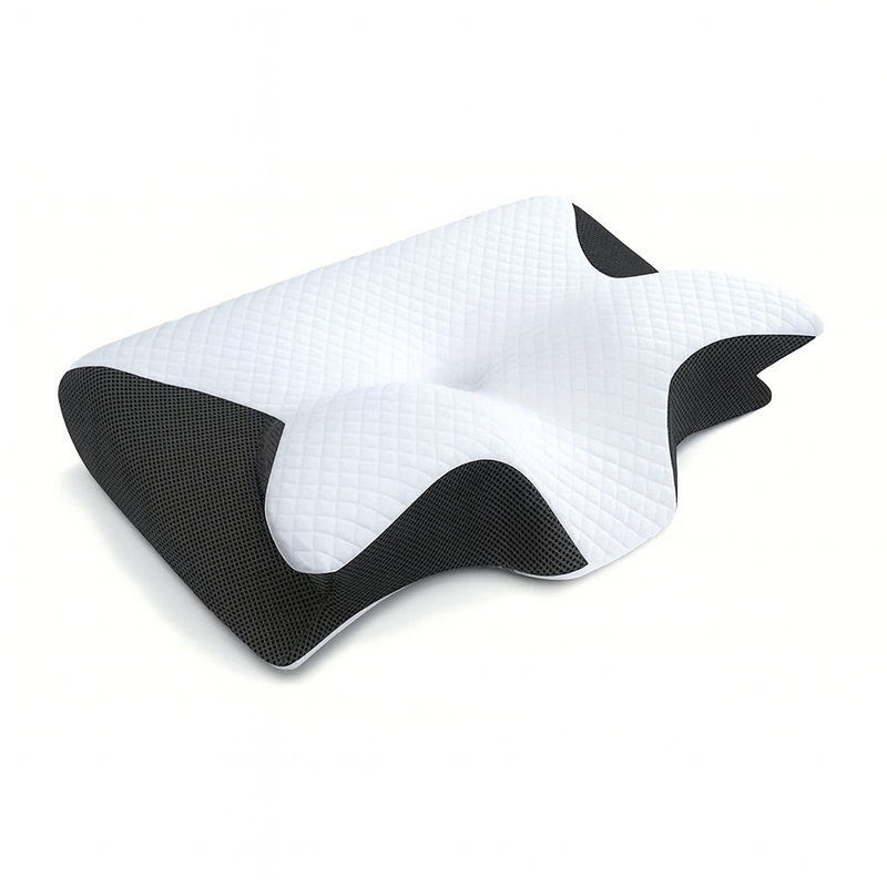 White and black pillow on a white background