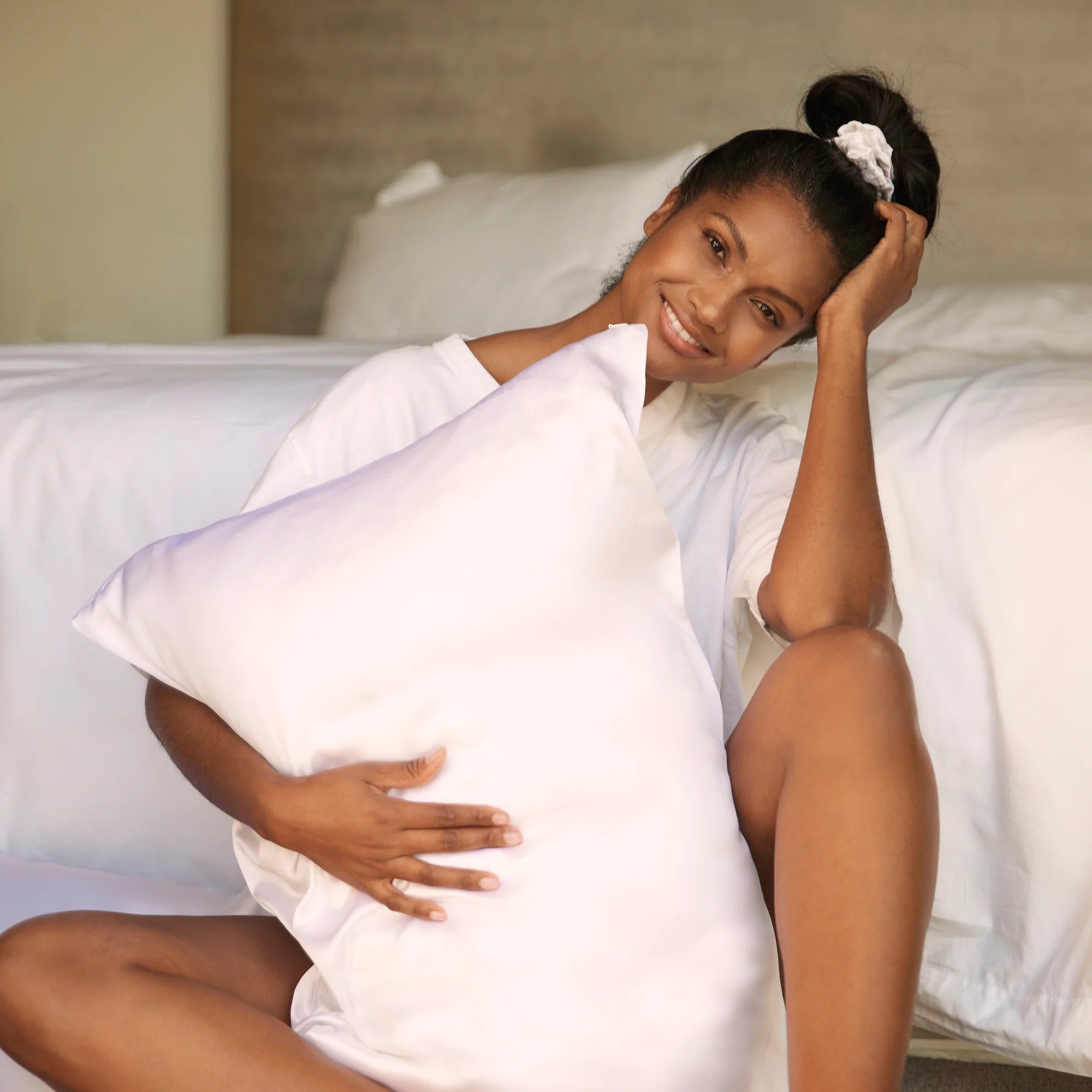 Premium Silk Pillowcase on bed